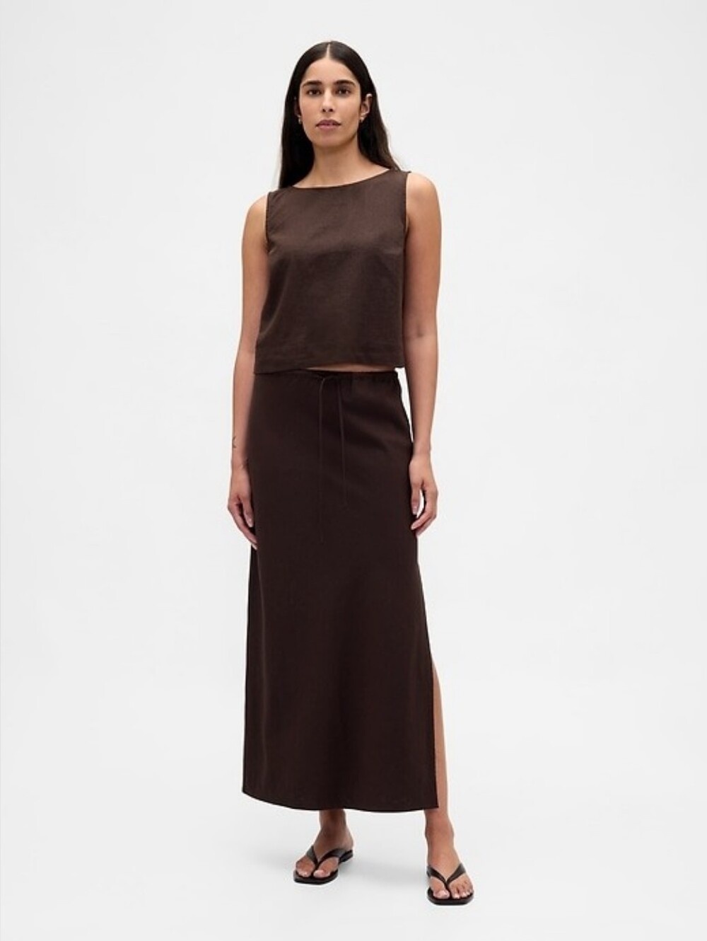 Gap Midi Skirt Linen Terra Brown Pull On Tie Drawstring Slit 90s Straight Small